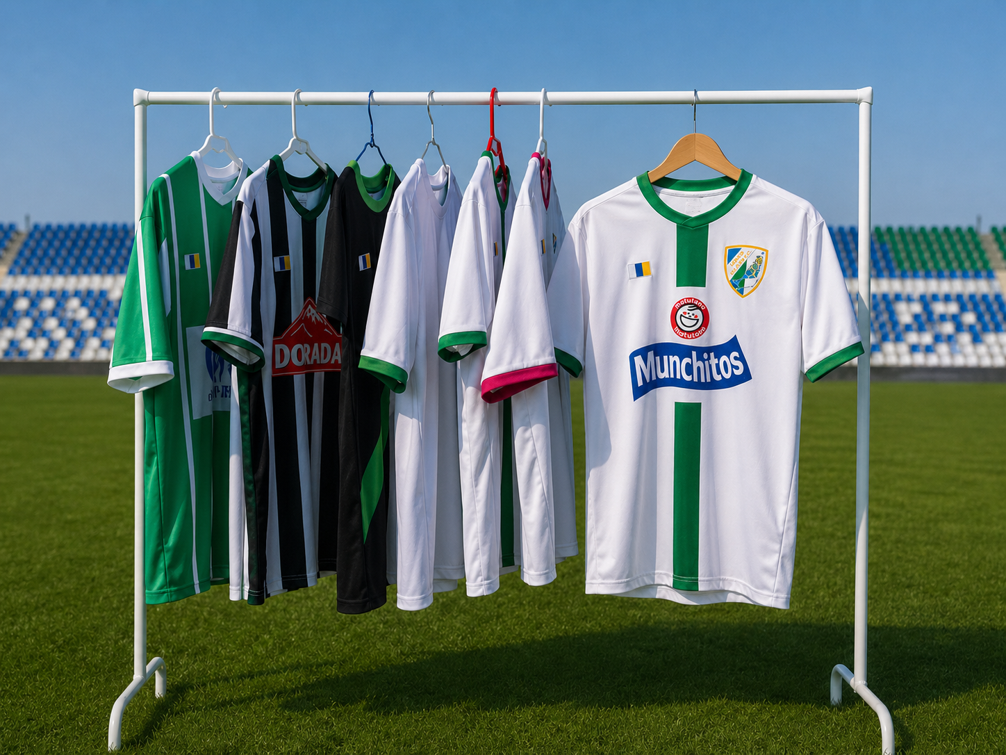 Camisetas Lobos Island FC colgadas en un campo de fútbol